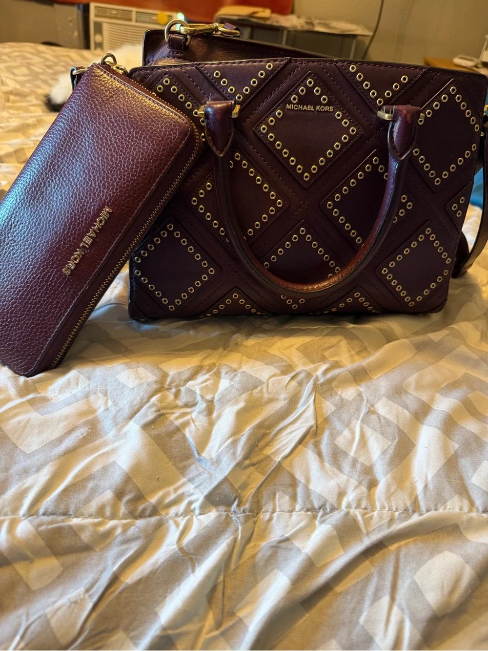 Michael Kors Deep Plum Studded Leather Satchel with Wristlet